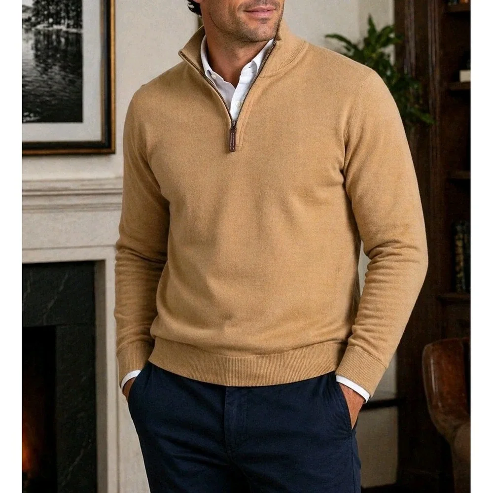 Lands End Mens Small Quarter Zip Pullover Sweater Tan Cotton Blend Casual